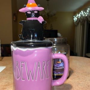 Rae Dunn Beware Halloween mug with cat topper